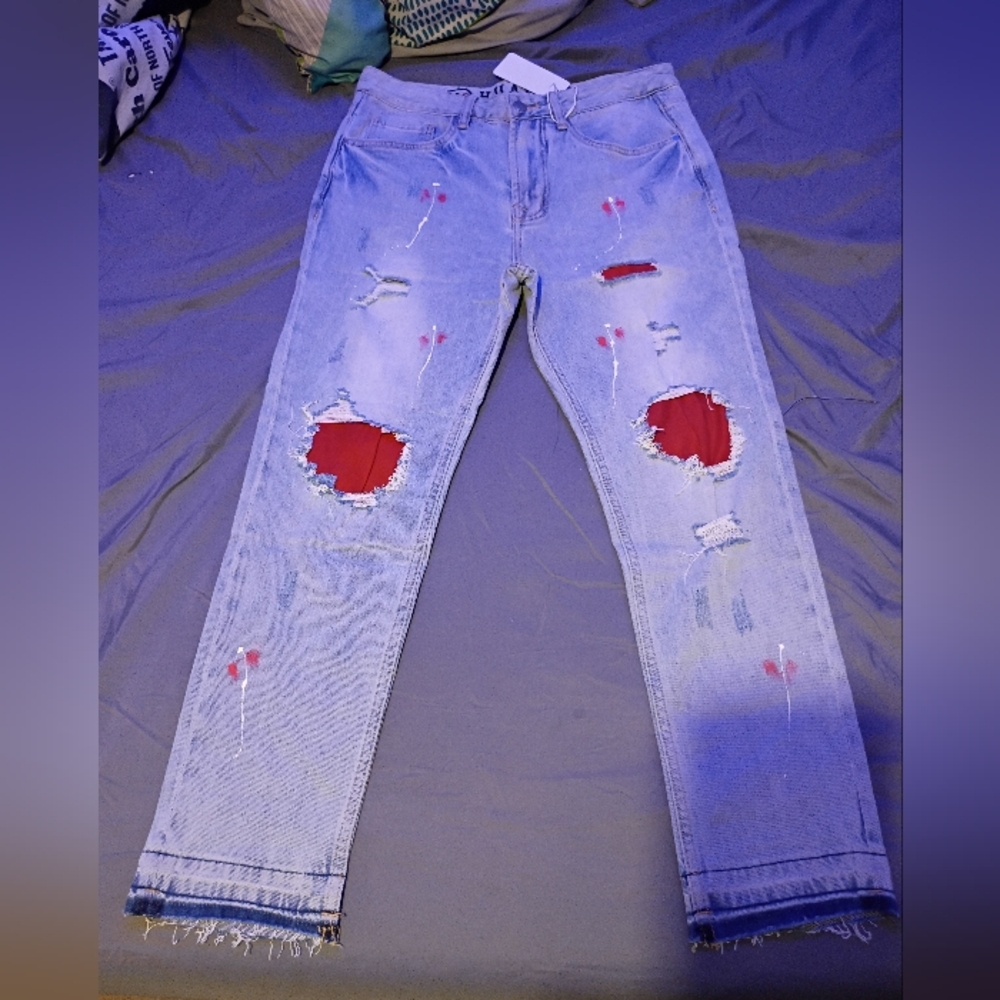 Men's Ripped Skinny Jeans - Blue with Red Patches